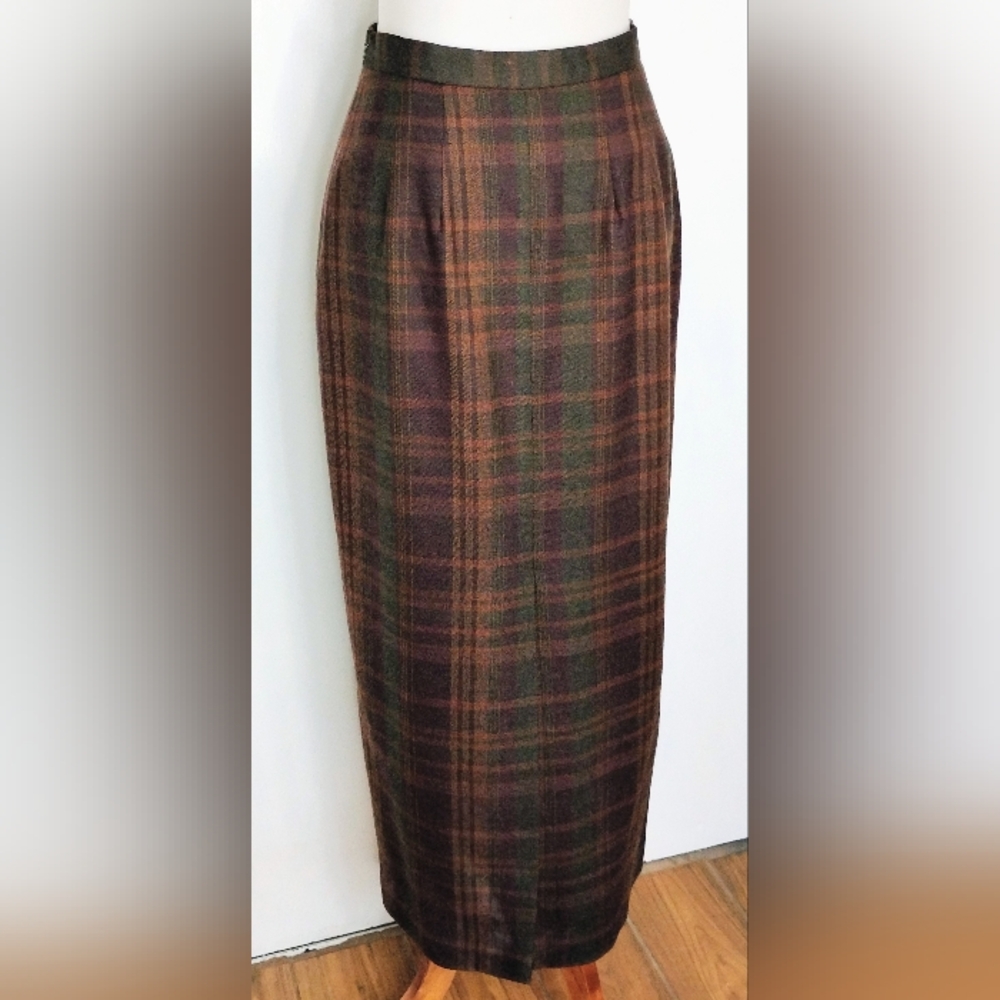 Plaid Maxi Pencil Skirt 100% Wool